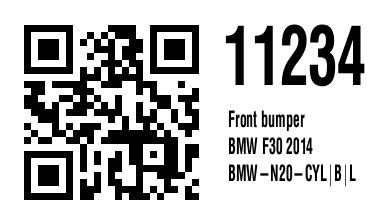 Systemgedrucktes Artikel-Etikett mit QR-Code, Artikelnummer und Fahrzeugzuordnung