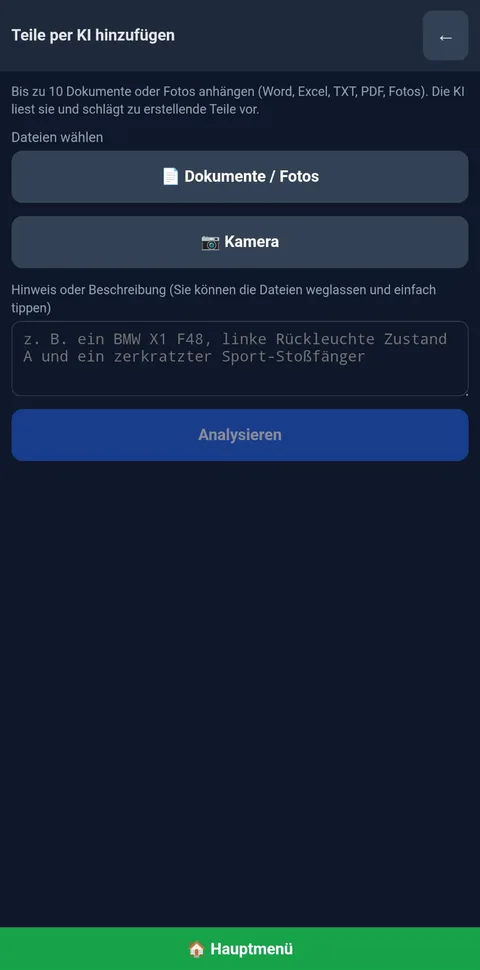 KI-gestützte Erfassung: Dokumente und Fotos werden analysiert, Artikel vorgeschlagen