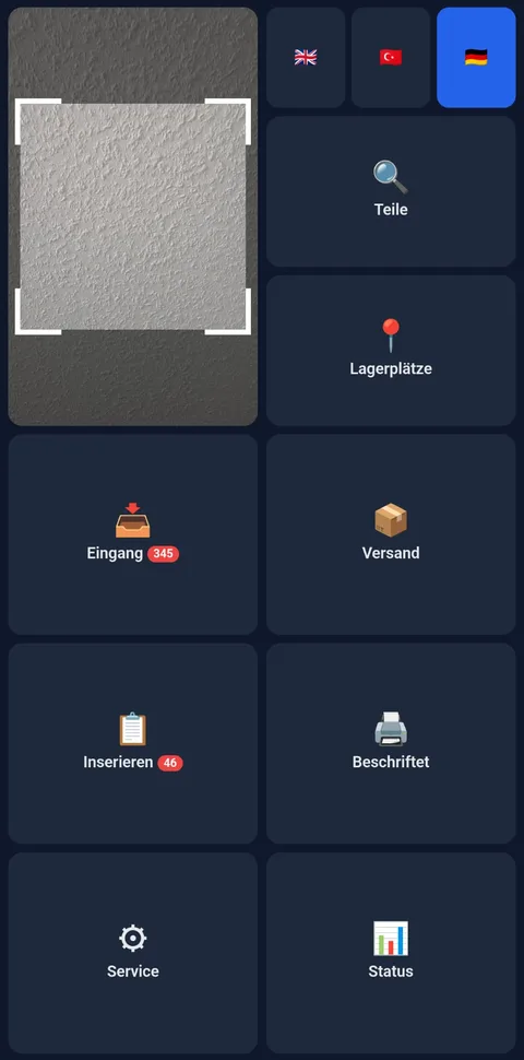LagerIQ-Hauptmenü mit Scanner und Arbeitsvorräten